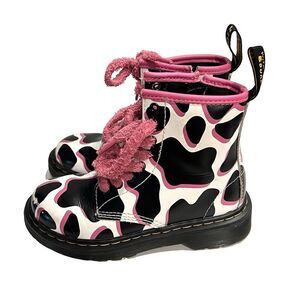 Dr. Martens Kid's Collection 1460 Boots Rare 12 White Cow Print Pink Zipper Tied